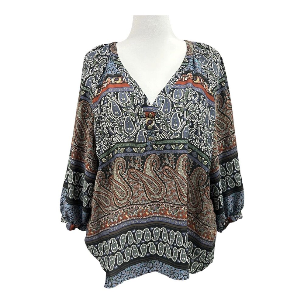 Chelsea & Theodore Boho Paisley Print V Neck Popover Blouse Sz 3X